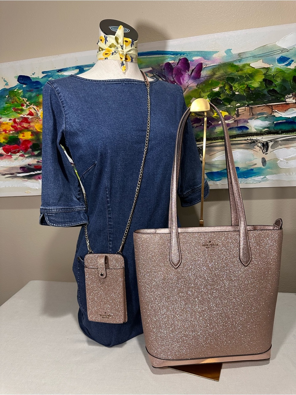 kate spade Rose Gold Tinsel Tote and Phone crossbody case